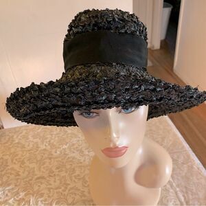 Vtg Stylish Ranleigh Hat Black Plastic Black Bow Hatband Sz Small 21” Gorgeous